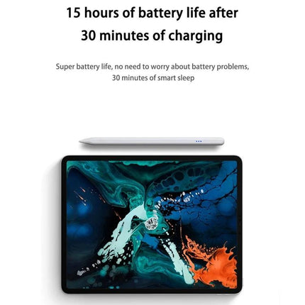 JT17 Universal Capacitive Pen for Touch Screens and Tablets showing stylus above tablet with text ‘15 hours of battery life after 30 minutes of charging’