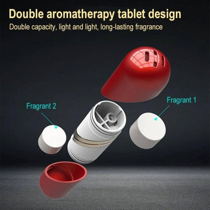 Deformable Car Air Outlet Fragrance Ornament Heart Shaped Aromatherapy showing red heart-shaped air vent aromatherapy unit with dual fragrance tablets exploded view