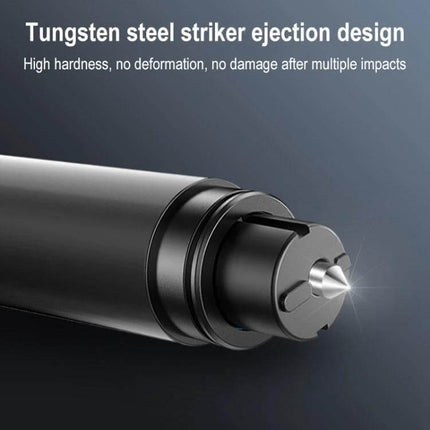Tungsten Steel Emergency Window Breaker for Car Escapes with Belt Cutter showing tungsten steel striker tip and ejection design for vehicle escape