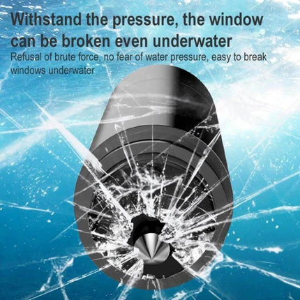 Tungsten Steel Emergency Window Breaker for Car Escapes with Belt Cutter shown breaking a submerged car window, aluminum alloy safety tool