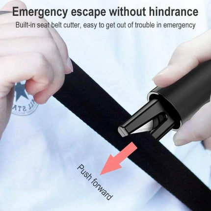 Tungsten Steel Emergency Window Breaker for Car Escapes with Belt Cutter - close-up of belt cutter cutting seatbelt for rapid car escape