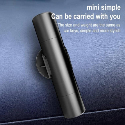 Tungsten Steel Emergency Window Breaker for Car Escapes with Belt Cutter sleek black aluminum alloy keychain-size tool mounted on car dash