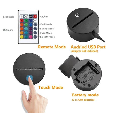 Decorative 3D LED Light for Bedroom and Living Room Use showing remote, touch base, USB port and battery compartment