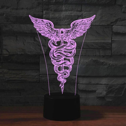 Decorative 3D LED Light for Bedroom and Living Room Use - acrylic battery-powered winged snake caduceus design night lamp