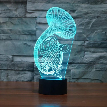 Decorative 3D LED Light for Bedroom and Living Room Use — acrylic horn-shaped 3D LED lamp on black base, battery-powered cozy shelf or bedside accent