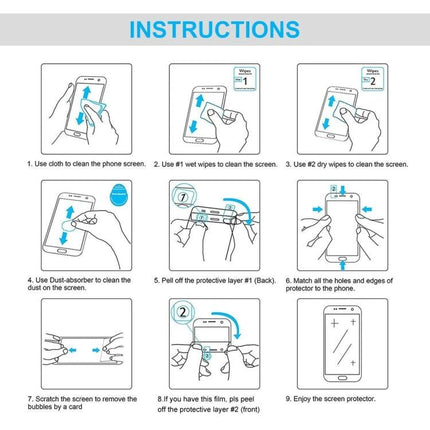 Tempered Glass Screen Protectors for Multiple Device Models showing step-by-step installation instructions and cleaning steps for screen protector