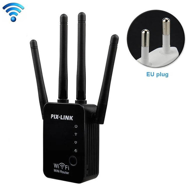 Wireless WiFi Signal Repeater with Four External Antennas black compact EU plug for home and office coverage