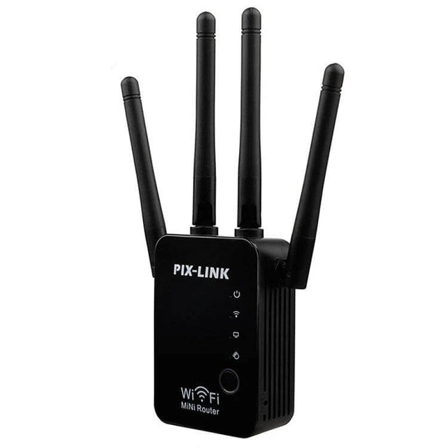 Wireless WiFi Signal Repeater with Four External Antennas black PIX-LINK mini router extender for home and office