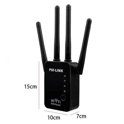Wireless WiFi Signal Repeater with Four External Antennas wall-mounted black PIX-LINK repeater extending home and office WiFi coverage