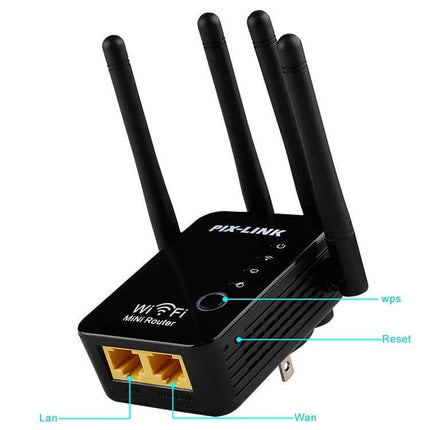 Wireless WiFi Signal Repeater with Four External Antennas black mini router showing four external antennas, LAN and WAN ports, WPS and Reset labels
