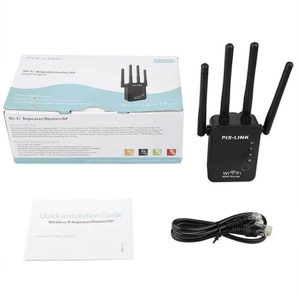 Wireless WiFi Signal Repeater with Four External Antennas black repeater with box, Ethernet cable and guide booklet