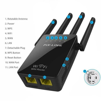 Wireless WiFi Signal Repeater with Four External Antennas compact black range extender with four external antennas and Ethernet ports