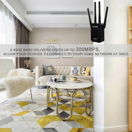 Wireless WiFi Signal Repeater with Four External Antennas mounted in stylish living room to extend home network coverage