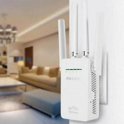 Wireless WiFi Signal Repeater with Four External Antennas mounted on wall extending home WiFi coverage for streaming and gaming