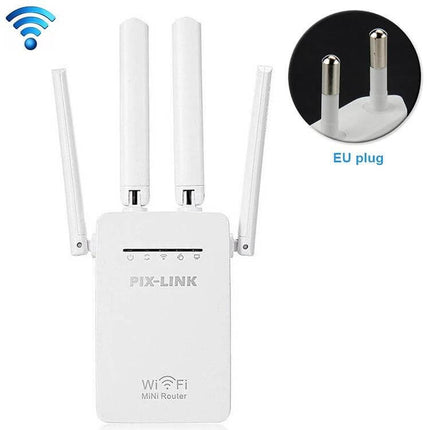 Wireless WiFi Signal Repeater with Four External Antennas white compact wall-plug repeater with four antennas, EU plug, ideal for home and office coverage