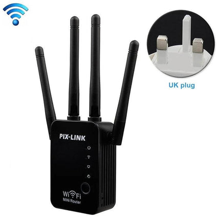 Wireless WiFi Signal Repeater with Four External Antennas compact black unit with four antennas and UK plug shown