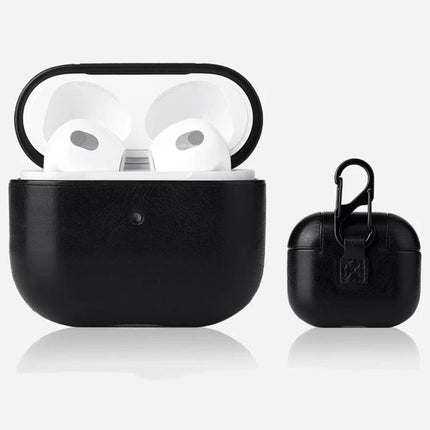 AirPods Protective Case for Daily Commutes and Activities - black leather-look 360° protection with carabiner for easy carrying and charging access