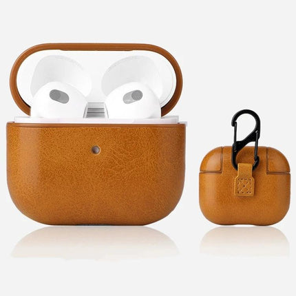 AirPods Protective Case for Daily Commutes and Activities - brown leather-look 360° protective case with keychain carabiner, quick-charge access