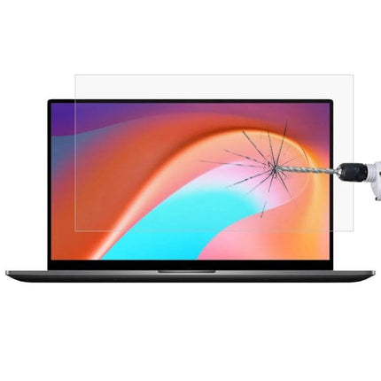 Tempered Glass Protective Film for 16-Inch Laptops like Xiaomi and Dell shown protecting laptop screen from drill impact