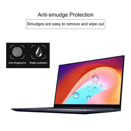 Tempered Glass Protective Film for 16-Inch Laptops like Xiaomi and Dell showing anti-smudge, anti-fingerprint protection on laptop screen