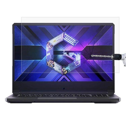 Tempered Glass Protective Film for 16-Inch Laptops like Xiaomi and Dell showing clear shield resisting drill impact and preserving screen clarity