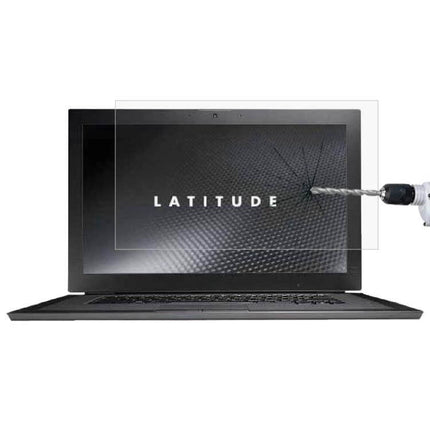 Tempered Glass Protective Film for 16-Inch Laptops like Xiaomi and Dell applied to laptop screen showing drill impact resistance