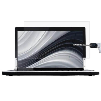 Tempered Glass Protective Film for 16-Inch Laptops like Xiaomi and Dell showing clear, anti-glare screen shield protecting laptop display from drill impact