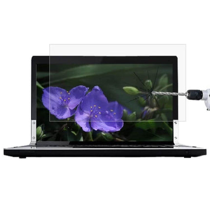 Tempered Glass Protective Film for 16-Inch Laptops like Xiaomi and Dell showing clear shield resisting drill impact
