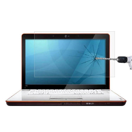 Tempered Glass Protective Film for 16-Inch Laptops like Xiaomi and Dell shown on a laptop with drill impact resistance demo