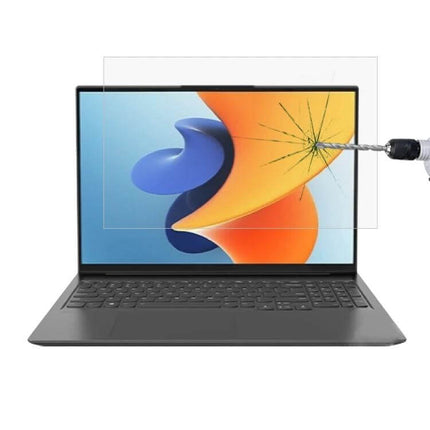 Tempered Glass Protective Film for 16-Inch Laptops like Xiaomi and Dell shown on laptop with drill impact resisting screen damage