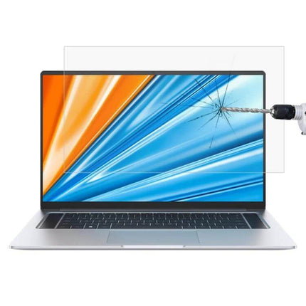 Tempered Glass Protective Film for 16-Inch Laptops like Xiaomi and Dell showing drill impact resistance and clear anti-glare shield