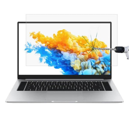 Tempered Glass Protective Film for 16-Inch Laptops like Xiaomi and Dell showing clear shield resisting a drill impact to a laptop screen