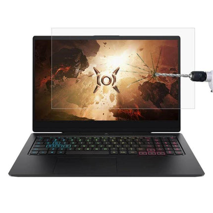 Tempered Glass Protective Film for 16-Inch Laptops like Xiaomi and Dell on laptop screen showing drill impact protection
