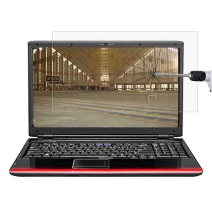 Tempered Glass Protective Film for 16-Inch Laptops like Xiaomi and Dell showing clear anti-glare screen shield being impact tested