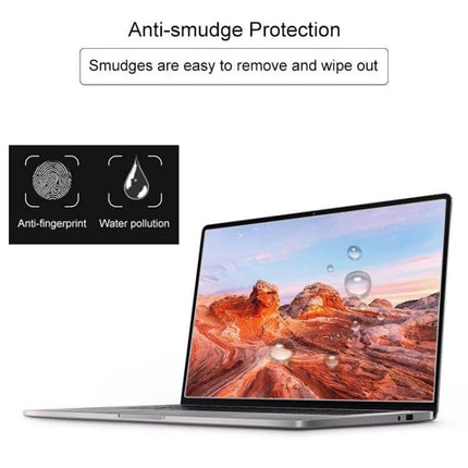 HD Tempered Glass Screen Protector for 15.6-Inch Laptops showing anti-smudge, anti-fingerprint protection with clear display and water beading