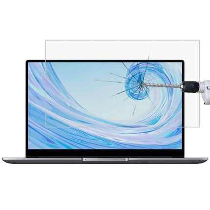 HD Tempered Glass Screen Protector for 15.6-Inch Laptops showing drill resistance and crystal-clear display protection