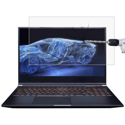 HD Tempered Glass Screen Protector for 15.6-Inch Laptops shown resisting drill impact on laptop display, clear anti-scratch protection