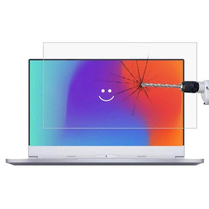 HD Tempered Glass Screen Protector for 15.6-Inch Laptops showing drill impact resistance and clear anti-glare protection