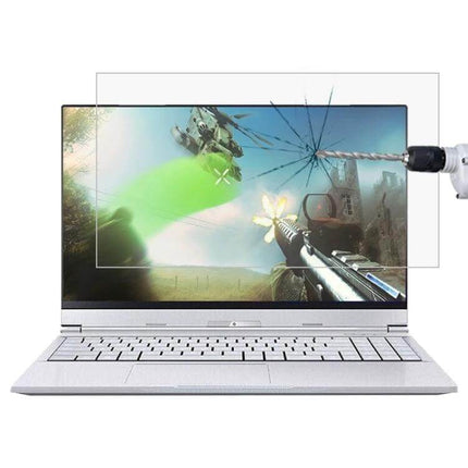 HD Tempered Glass Screen Protector for 15.6-Inch Laptops on laptop showing shatter resistance and clear display