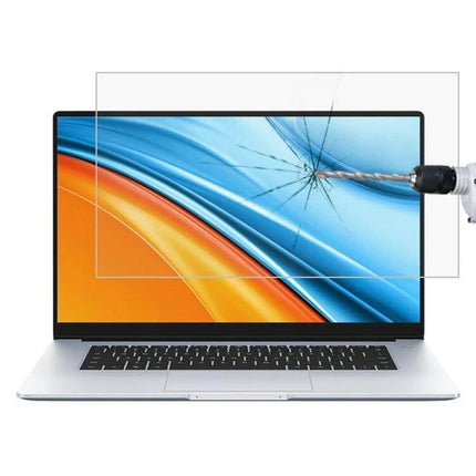 HD Tempered Glass Screen Protector for 15.6-Inch Laptops shown protecting laptop screen from drill impact and scratches