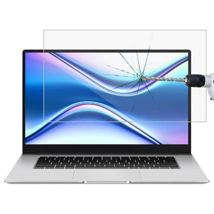 HD Tempered Glass Screen Protector for 15.6-Inch Laptops shown protecting a laptop screen from drill impact and scratches