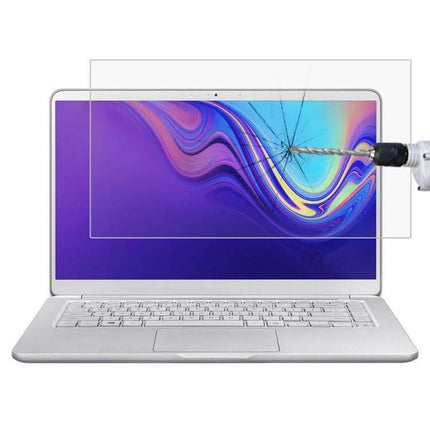 HD Tempered Glass Screen Protector for 15.6-Inch Laptops shown installed on laptop with drill impact resisting cracks and preserving display clarity