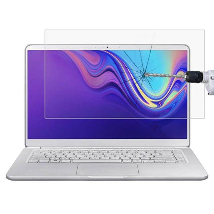 HD Tempered Glass Screen Protector for 15.6-Inch Laptops shown on a laptop resisting a drill impact, clear anti-scratch, high-transparency protector