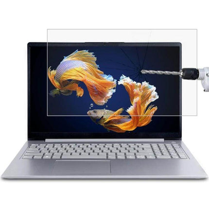HD Tempered Glass Protective Film for Lenovo Laptops shown on laptop screen with drill resisting impact