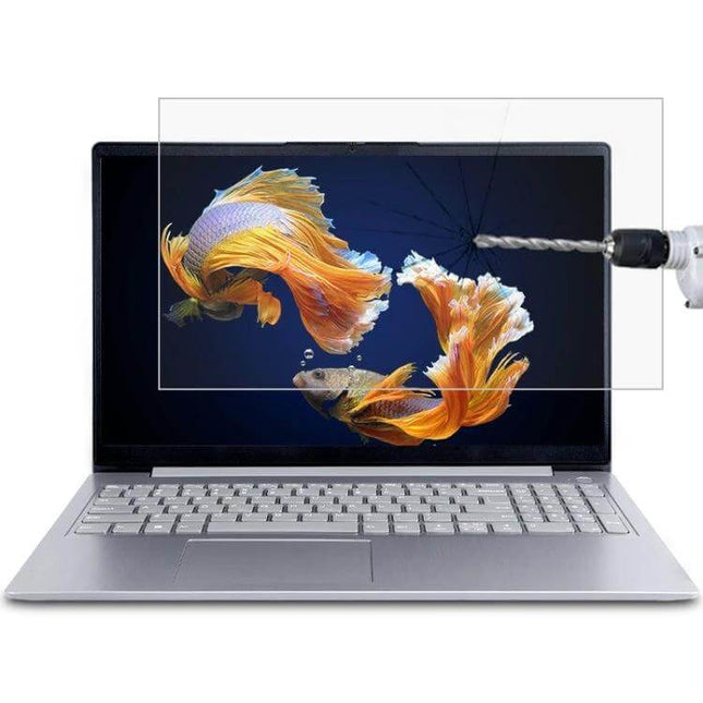 HD Tempered Glass Protective Film for Lenovo Laptops shown on laptop screen with drill resisting impact