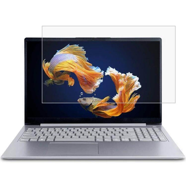 HD Tempered Glass Protective Film for Lenovo Laptops shown on silver laptop protecting screen from scratches and glare