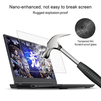 HD Tempered Glass Protective Film for Lenovo Laptops shown resisting hammer impacts and protecting screen from scratches and glare