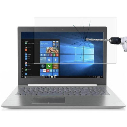 HD Tempered Glass Protective Film for Lenovo Laptops shown on silver Lenovo laptop with drill impact demonstration protecting screen