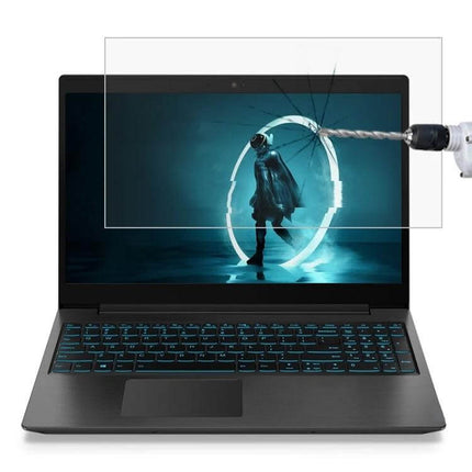 HD Tempered Glass Protective Film for Lenovo Laptops shown on laptop with drill testing scratch resistance