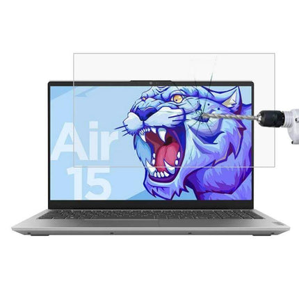 HD Tempered Glass Protective Film for Lenovo Laptops on laptop screen showing drill impact test, clear anti-scratch, anti-glare protector